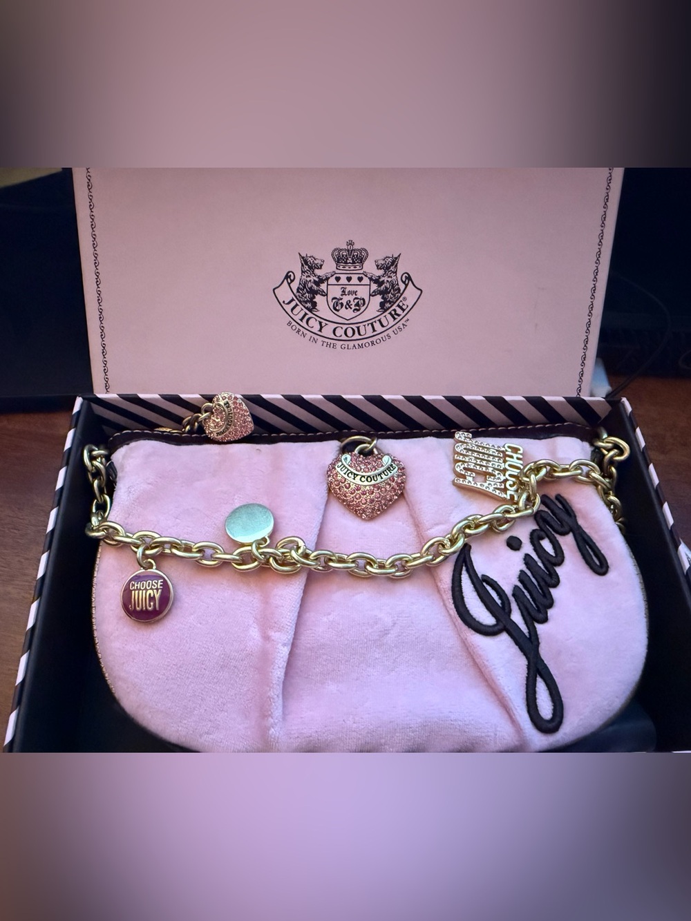 New Vintage Juicy Couture Velour Mini Bag w Chain Strap Charms